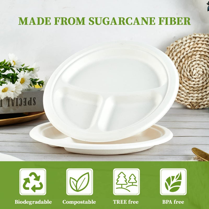 ECOLipak 150 Pack Compostable 3 Compartment Plates  10 inch Heavy-Duty Disposable Biodegradable Sugarcane Bagasse Paper Plates for Party Dinner - Image 5