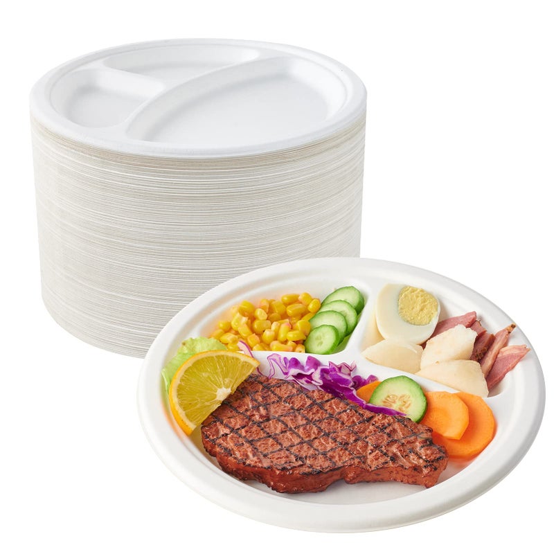 ECOLipak 150 Pack Compostable 3 Compartment Plates  10 inch Heavy-Duty Disposable Biodegradable Sugarcane Bagasse Paper Plates for Party Dinner - Image 1