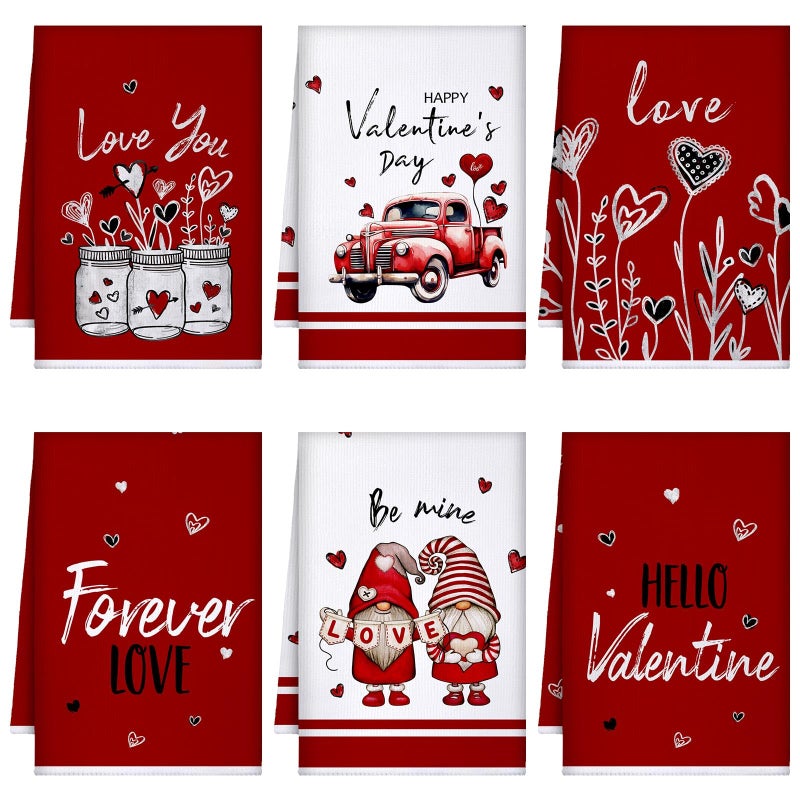 Bencailor 6 Pcs Valentines Kitchen Towels Decor Heart Plaid Truck Gnome Dish Hand Tea Towels Holiday Bathroom Decorations for Valentines Gifts Party Supplies(Dark Red,Cute) - Image 1