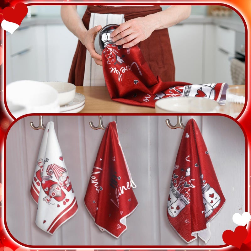 Bencailor 6 Pcs Valentines Kitchen Towels Decor Heart Plaid Truck Gnome Dish Hand Tea Towels Holiday Bathroom Decorations for Valentines Gifts Party Supplies(Dark Red,Cute) - Image 4