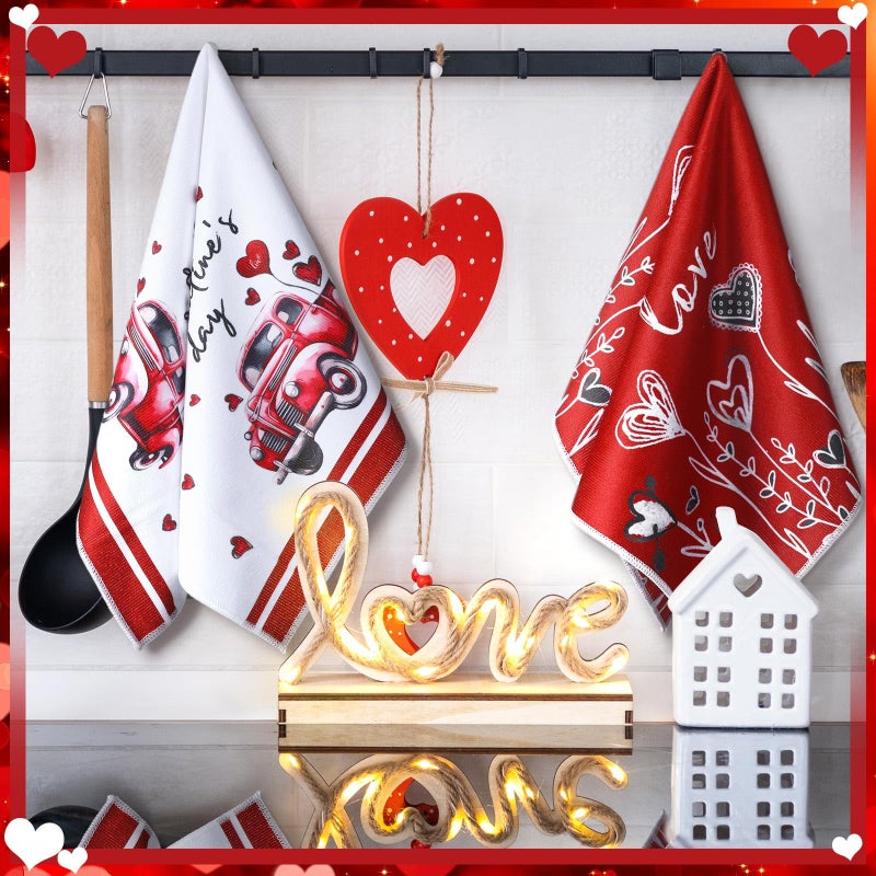 Bencailor 6 Pcs Valentines Kitchen Towels Decor Heart Plaid Truck Gnome Dish Hand Tea Towels Holiday Bathroom Decorations for Valentines Gifts Party Supplies(Dark Red,Cute) - Image 2