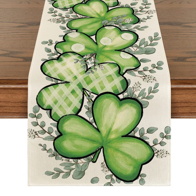 Artoid Mode Clover Shamrocks Eucalyptus Buffalo Plaid StPatricks Day Table Runner Seasonal Kitchen Dining Table Runner for Home Party Decor 13x72 Inch