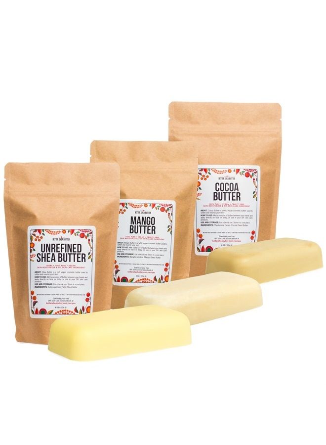 Better Shea Butter Set of Raw Shea Butter, Raw Mango Butter, Unrefined Cocoa Butter For Soap Making and DIY Body Butters, Lip Balms, Body Lotions - Each Jar is 8 oz Making 24 oz Total (3-Bar Set) - Image 1