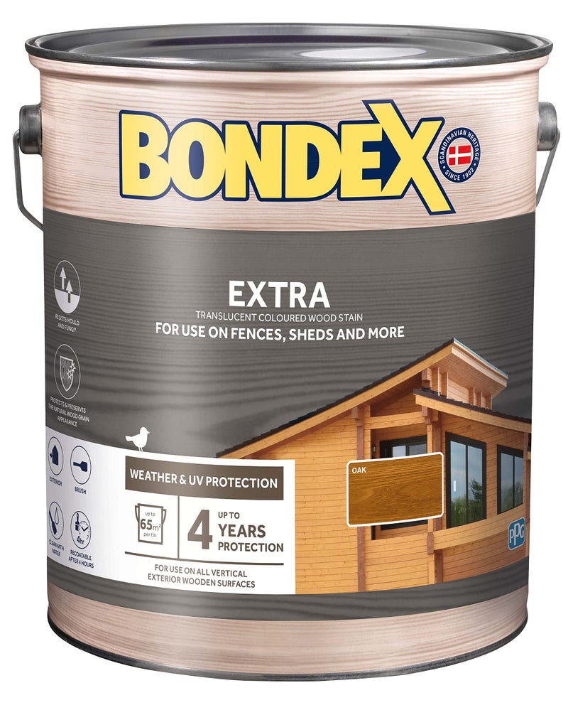Bondex Extra Wood Stain - Oak – Suitable for Exerior Wood - Weather & UV Protection – Water Based – 4 Years Protection - 5L - Image 1
