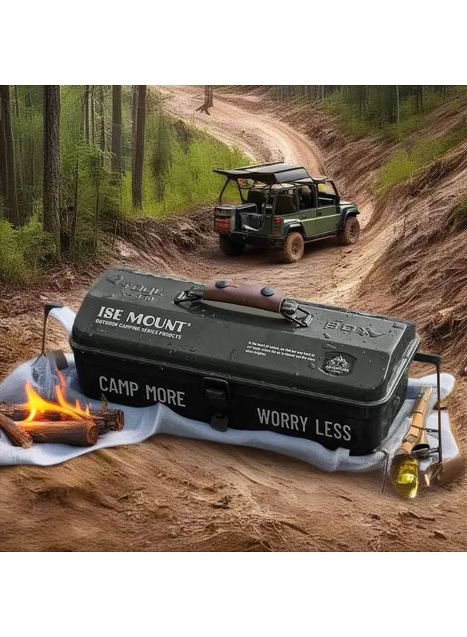 Army Green Portable Metal Camping Toolbox with Hand Guard Outdoor Storage Organizer - Image 3