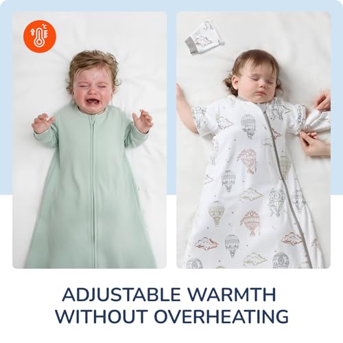 usbettas Baby Sleep Sack 6–12 Months, Cotton Sleep Sack with Detachable Long Sleeves, 1.0 TOG Wearable Blanket for Cooler Nights, 2-Way Zipper Toddler Sleeping Sack with Temperature Strip, Hot Air Balloon - Image 2