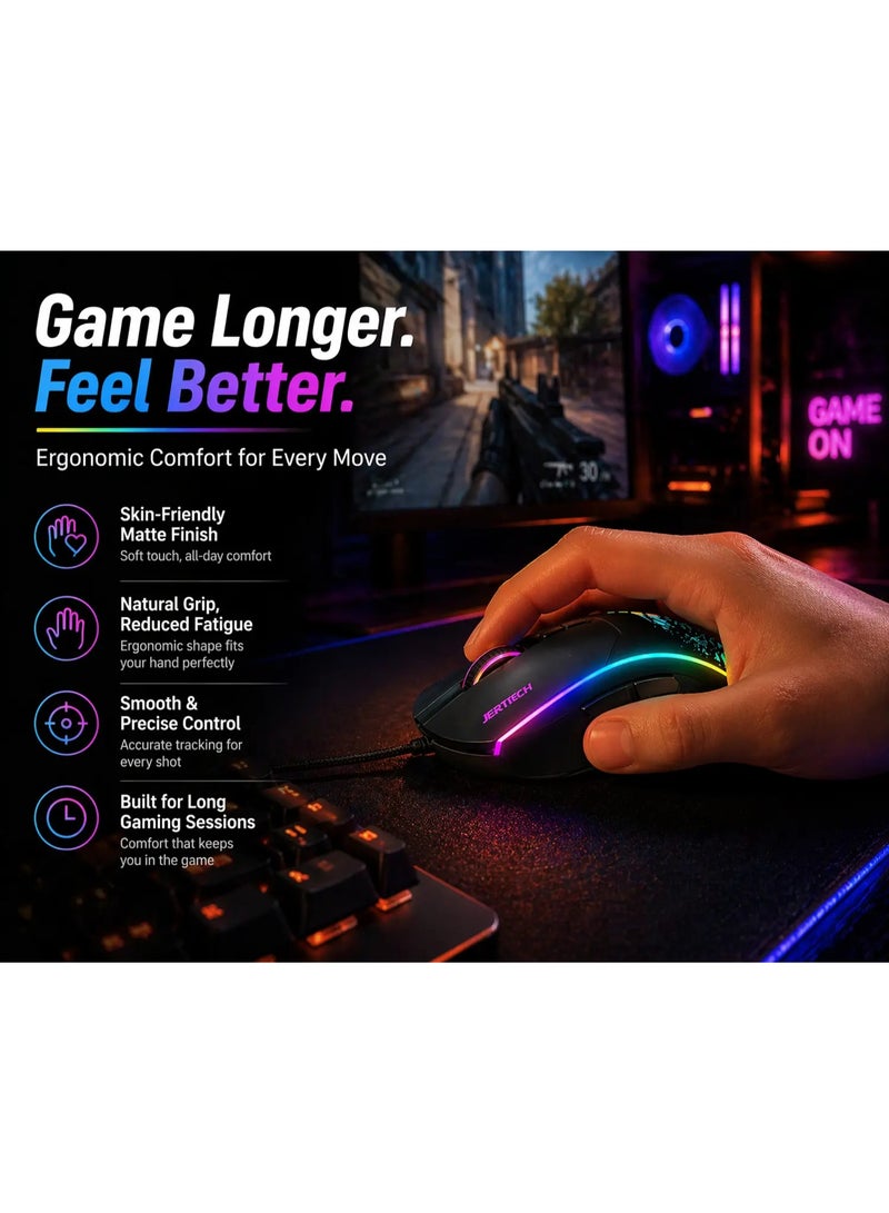 جيرتك ماوس الألعاب XP14 RGB – مستشعر بصري بدقة 3600-4800 نقطة في البوصة (DPI)، معدل استجابة 1000 هرتز، ماوس ألعاب سلكي بمنفذ USB، إضاءة RGB Chroma بـ 16.8 مليون لون، 7 أزرار قابلة للبرمجة، كابل مضفر، تصميم مريح يناسب اليدين (لليمين واليسار)، عمر افتراضي يصل إلى 80 مليون نقرة، ماوس مخصص لألعاب FPS وMMO والرياضات الإلكترونية على أجهزة الكمبيوتر بنظام Windows. - Image 3
