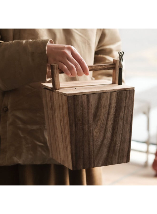 Four Idle Hall Tung Wood Charcoal Bucket Lifting Box Wooden With Lid Charcoal Cage Carbon Box Chinese Storage Box Tea Ceremony Accessories Charcoal Chopsticks-Color:20x20cm-Capacity:Charcoal Chopsticks Will Be Given Randomly And Designated Selection Will Not Be Accepted - Image 3
