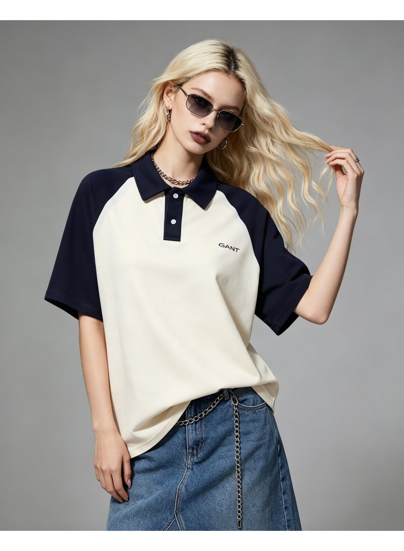 GANT Unisex Short Sleeve Raglan Polo Shirt Casual Daily Wear Off‑White Navy - Image 2