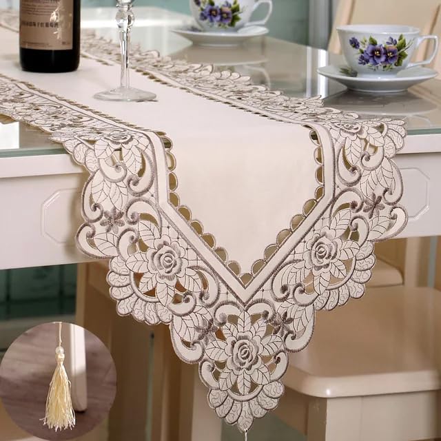 MONKDECOR Satin Embroidery Dining Table Runner (Size-15x70 Inches) D1 Grey - Image 3