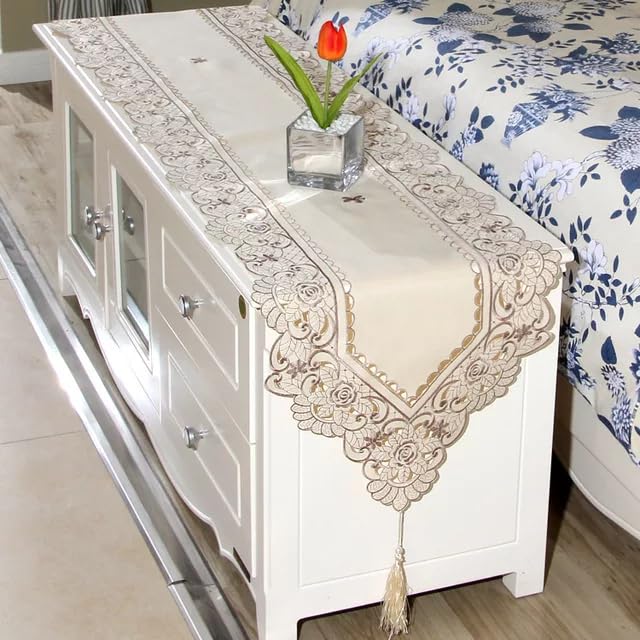 MONKDECOR Satin Embroidery Dining Table Runner (Size-15x70 Inches) D1 Grey - Image 2