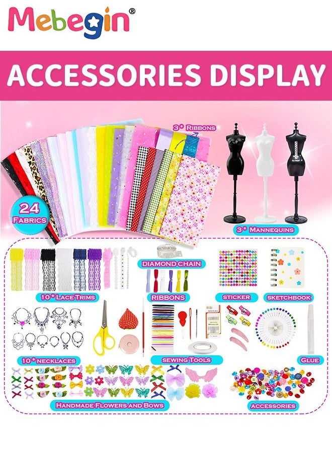 MEBEGIN 448 Pcs Fashion Designer Kits for Girls Kids Creativity DIY Arts Crafts Design Kit with 2 Mannequins 24 Farbics Learning Toys Doll Clothes Making Sewing Kit for Kids Birthday Girls Gift  - Image 3