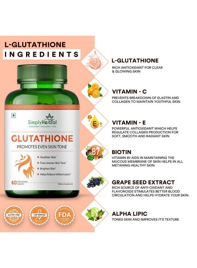 Simply Herbal L Glutathione 1000mg Capsules With Vitamin C & E for Immune Support, Healthy Radiant Skin Glowing, Antioxidant Support, Grape Seed Extract & Biotin - 60 Veg Capsules, 80 grams - Image 2