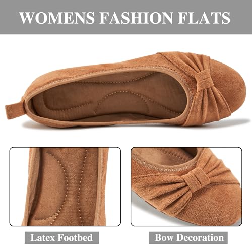 Ecetana Womens Flats Shoes Dressy: Round Toe Bowknot Suede Foldable Comfortable Casual Slip On Ballet Loafers Light Brown - Image 3