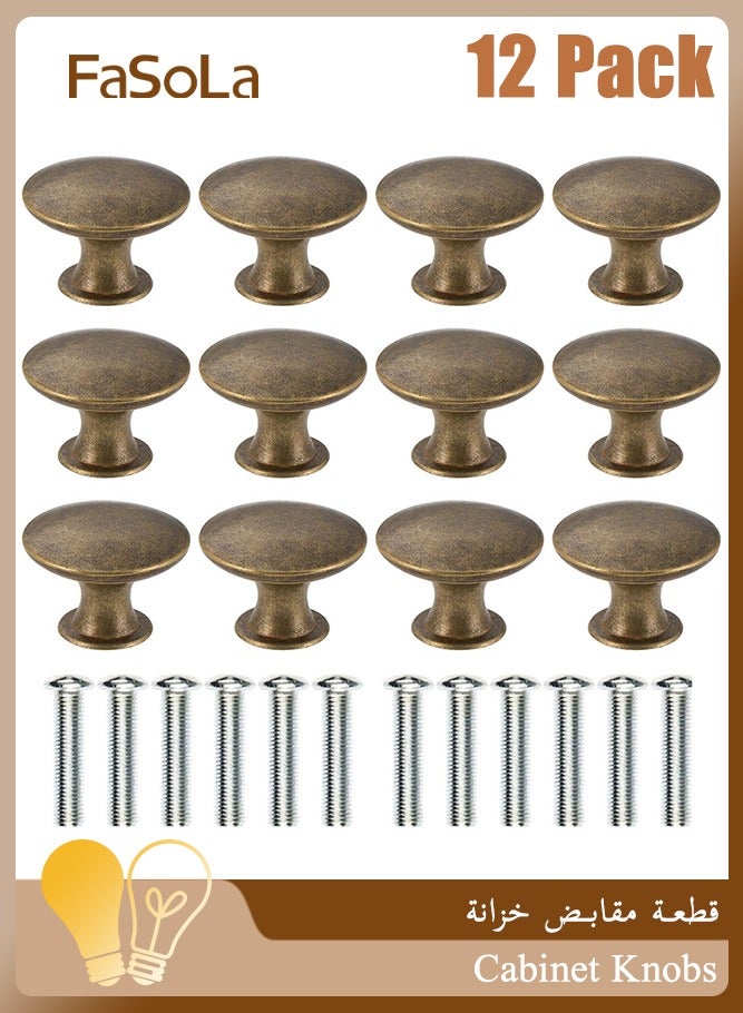 Fasola 12 Pcs Cabinet Knobs, 30mm Round Mushroom Drawer Pulls with Screws, Zinc Alloy Vintage Furniture Knobs, Decorative Antique Style Cupboard Handles for Kitchen Wardrobe Dresser and Bathroom, Durable Door Handles Hardware for Home Renovation (Antique Bronze) - Image 1
