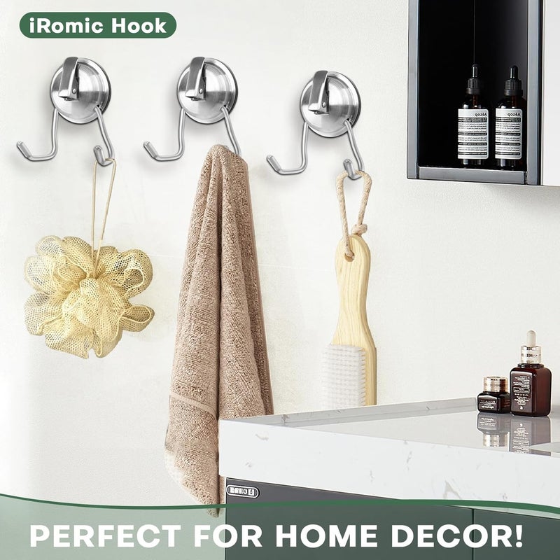 iRomic Stainless Steel Suction Cup Hooks for Shower, Bathroom, Kitchen, Glass Door, Mirror, Tile – Loofah, Towel, Coat, Bath Robe Hook Holder,(2-PCS),Brushed Silver - Image 2