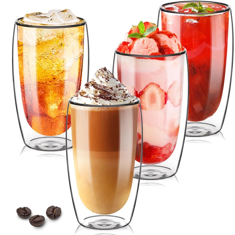 TKNO Set of 4 450ml Double Walled Tall Coffee Glasses Mugs Cups for Coffee Tea Milk Juice Ice Cream Dessert Borosilicate Heat Resistant Large Glass Cups Microwave Safe Ideal for Hot and Cold Drinks
