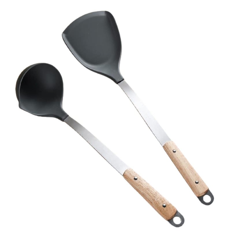 HEXONIQ Silicone Spatula and Soup Ladle Set Heat Resistant Deep Soup Spoon Silicone Shovel Turner with Stainless Steel Wooden Handle NonStick Kitchen Cooking Utensil 1 Pcs Spatula 1 Pcs Ladle - Image 1