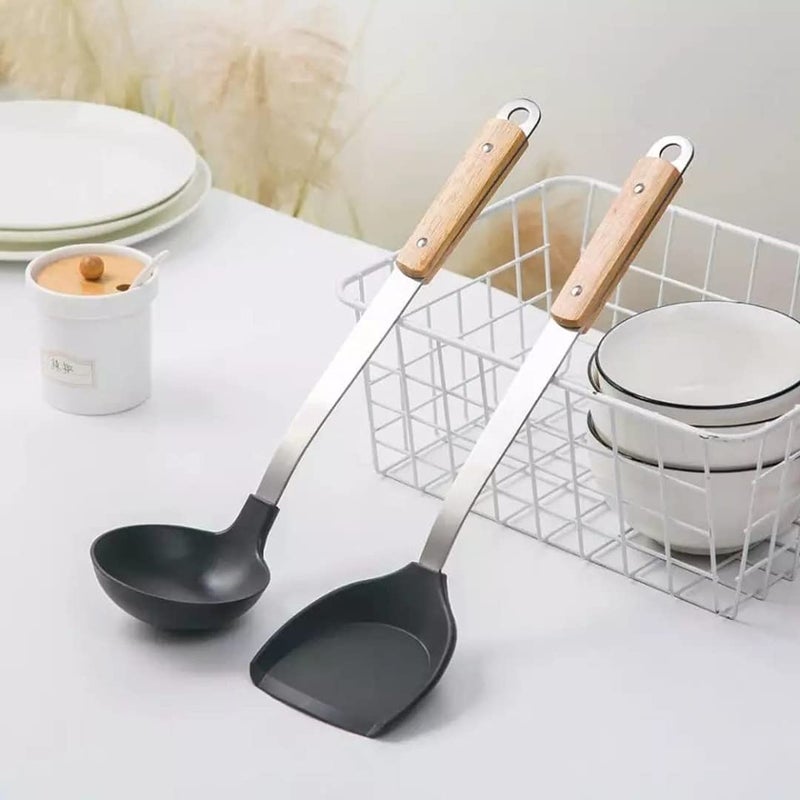 HEXONIQ Silicone Spatula and Soup Ladle Set Heat Resistant Deep Soup Spoon Silicone Shovel Turner with Stainless Steel Wooden Handle NonStick Kitchen Cooking Utensil 1 Pcs Spatula 1 Pcs Ladle - Image 2