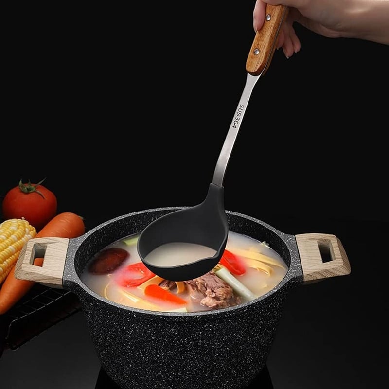 HEXONIQ Silicone Spatula and Soup Ladle Set Heat Resistant Deep Soup Spoon Silicone Shovel Turner with Stainless Steel Wooden Handle NonStick Kitchen Cooking Utensil 1 Pcs Spatula 1 Pcs Ladle - Image 5