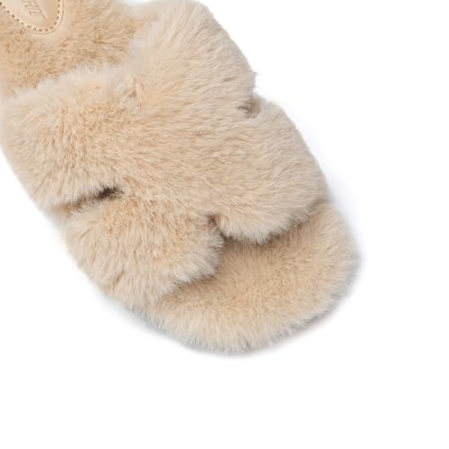Athlefit Women's Fuzzy Slippers Cute Comfy Fluffy Open Toe Slip-on House Slide Slippers for Indoor Bedroom Bridesmaid, Khaki, Size 9, AD01354 - Image 4