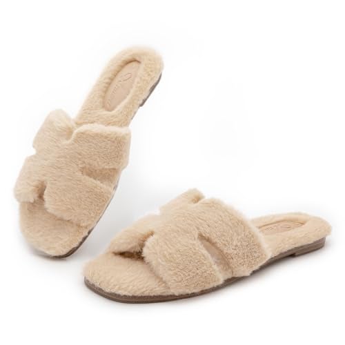 Athlefit Women's Fuzzy Slippers Cute Comfy Fluffy Open Toe Slip-on House Slide Slippers for Indoor Bedroom Bridesmaid, Khaki, Size 9, AD01354 - Image 1