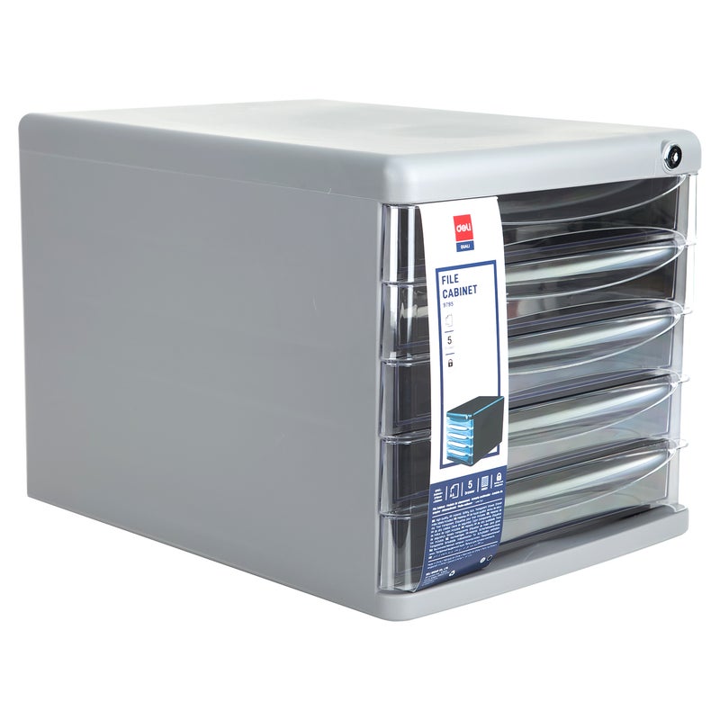 Deli 5 Drawer Desktop File Cabinet Organizer with Lock and Transparent Drawers, 270 × 360 × 260 mm – Grey - Image 4