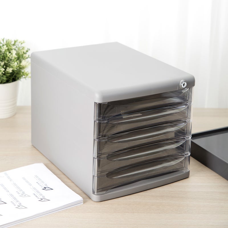 Deli 5 Drawer Desktop File Cabinet Organizer with Lock and Transparent Drawers, 270 × 360 × 260 mm – Grey - Image 2