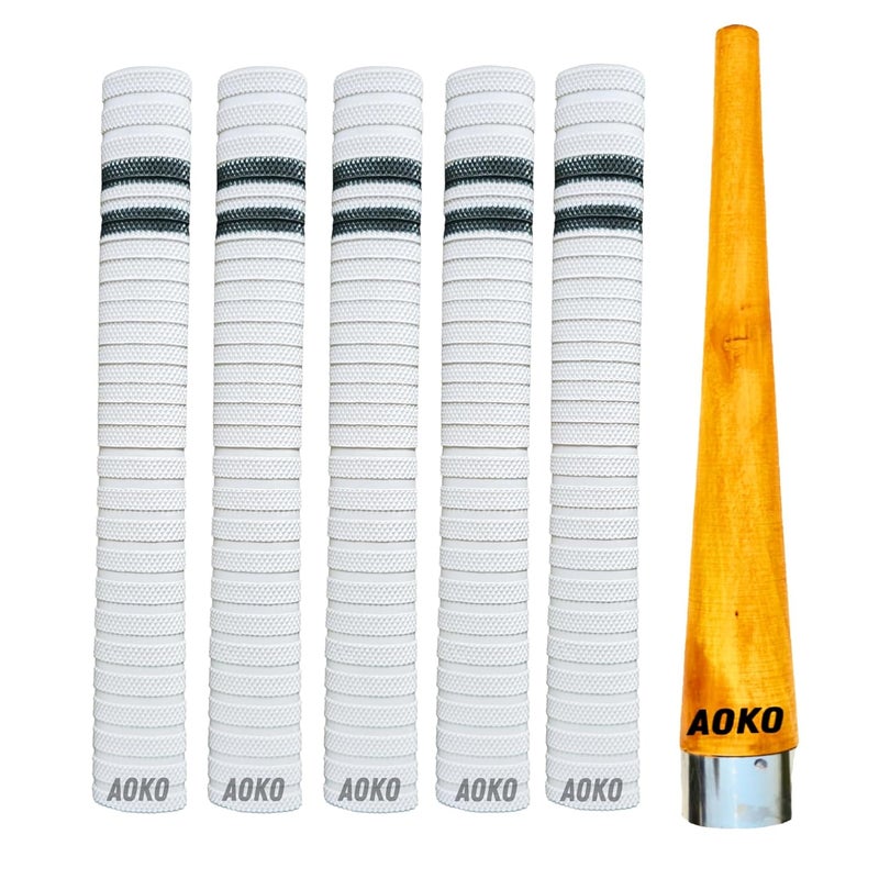 AOKO Cricket Bat Handle Rubber 5 Grips for Enhanced Performance With Better Shock Absorption And 1 Wooden Gripper Cone (pack of 6) - Image 1