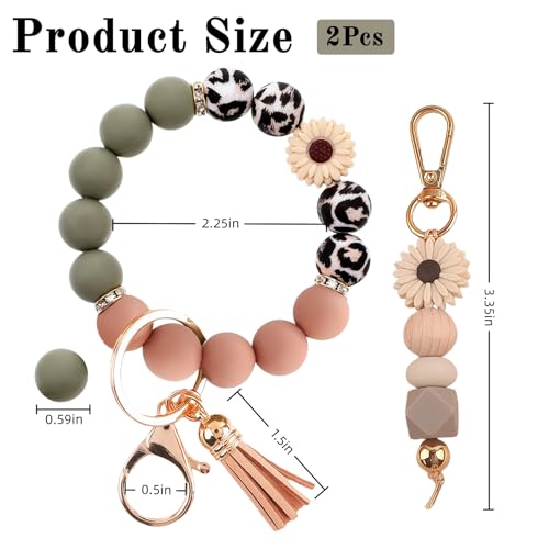 Qubusm 2PCS Bracelet Key Ring Set, Cute Car Key chain Wristlet, Silicone Beaded Bangle keyChains for Women Girls (Classic,Green) - Image 5