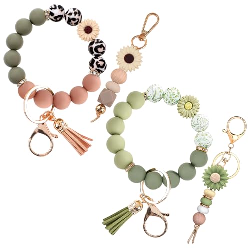 Qubusm 2PCS Bracelet Key Ring Set, Cute Car Key chain Wristlet, Silicone Beaded Bangle keyChains for Women Girls (Classic,Green) - Image 1