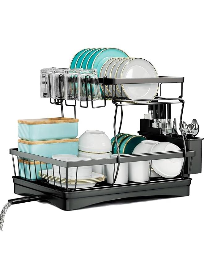 بيوينتي Tzmovqix Dish Drying Rack, 2 Tier Dish Racks for Kitchen Counter, Stainless Steel Kitchen Dish Drying Stand,Detachable Capacity Dish Drainer Organizer with Utensil Holder, Drain Board,Black