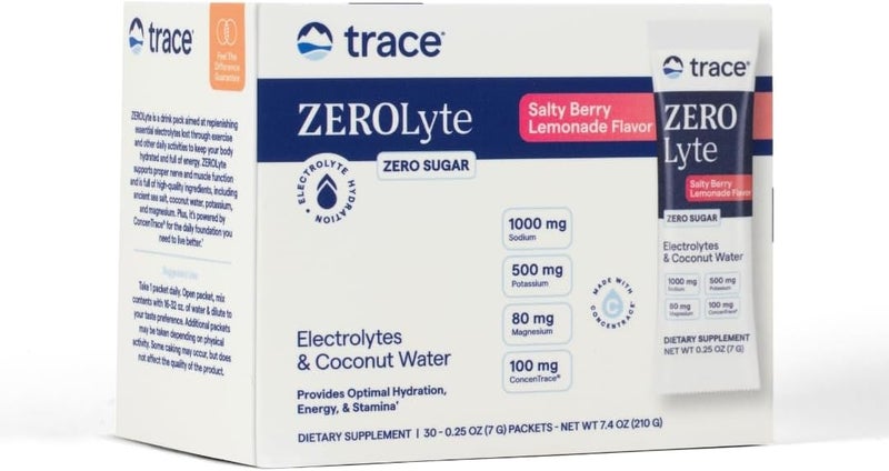 Trace Minerals ZeroLyte  Drink Mix Powder Supports Hydration  Energy  Aids Healthy Nerve  Muscle Function  Support Heart  Digestion Health  Salty Berry Lemonade 30 Packets 30 Servings - Image 1