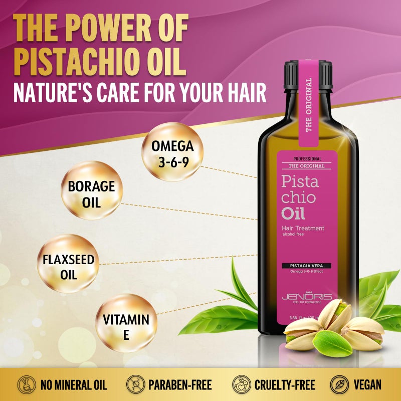 Jenoris Pistachio Oil Hair Serum for Frizzy and Damaged Hair, Lightweight Hair Oil for Dry Hair with Omega 3-6-9 Complex, Anti-Frizz Hair Serum for Shine, Hydration & Split-End Treatment, 3.38 fl.oz - Image 2