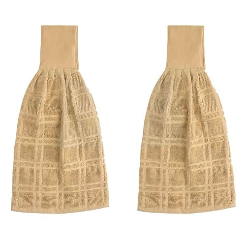 Blue Needles Hanging Kitchen Towels - Beige 100% Cotton Solid Kitchen Tie Towel, Set of 2 Hand Dish Cloth with Hanging Loops 9 x 17 Inches, Absorbent, Super Soft, and Fast Drying Home Essential - Image 1