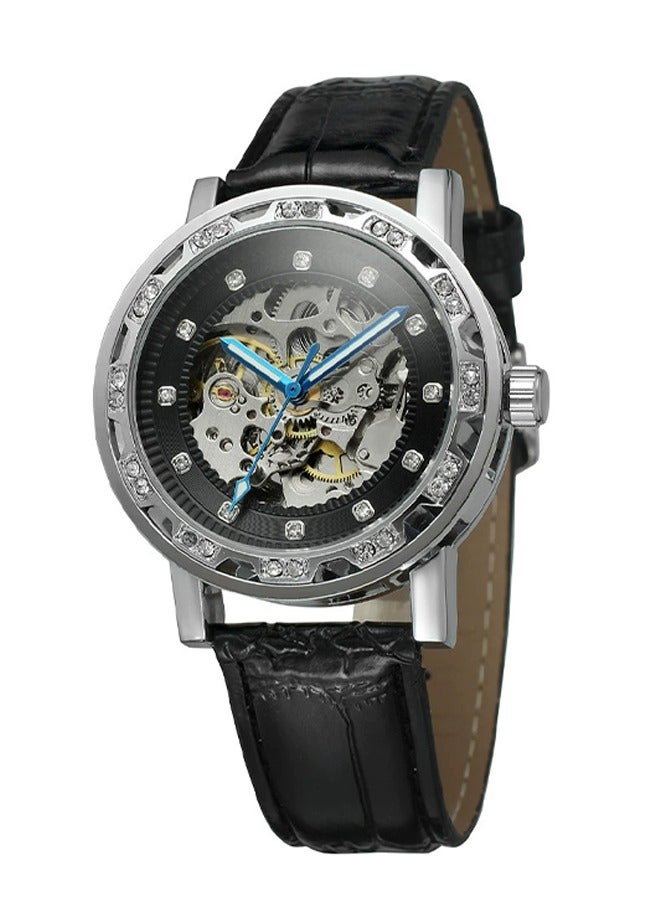 FORSINING ​​Forsining Men's Fashion Skeleton Watch - Black Openworked Dial with Crystal Accents, Automatic Movement, Premium Leather Strap, Contemporary Casual Style for Daily Wear & Social Events​​  - Image 1