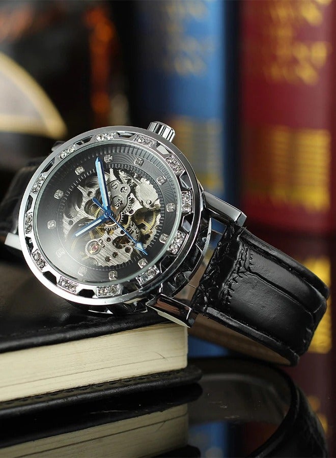 FORSINING ​​Forsining Men's Fashion Skeleton Watch - Black Openworked Dial with Crystal Accents, Automatic Movement, Premium Leather Strap, Contemporary Casual Style for Daily Wear & Social Events​​  - Image 2