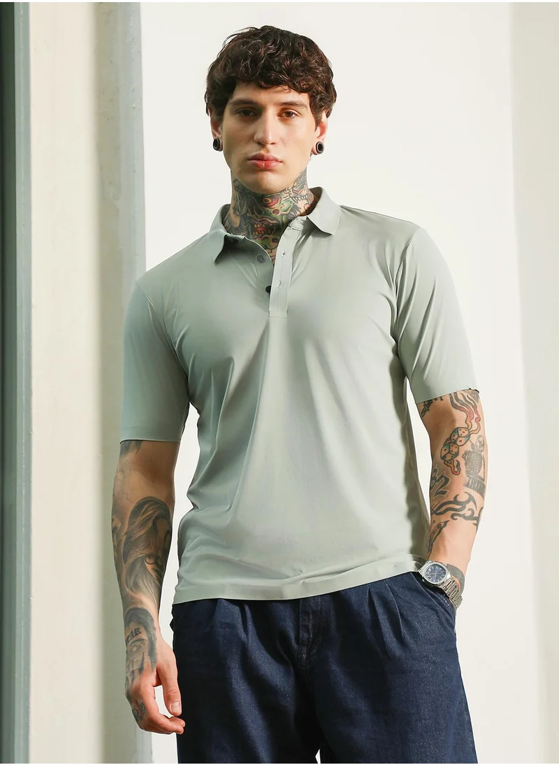 Campus Sutra Men's Light Green Slim Fit Polo T-Shirt with Breathable Poly-Spandex Blend