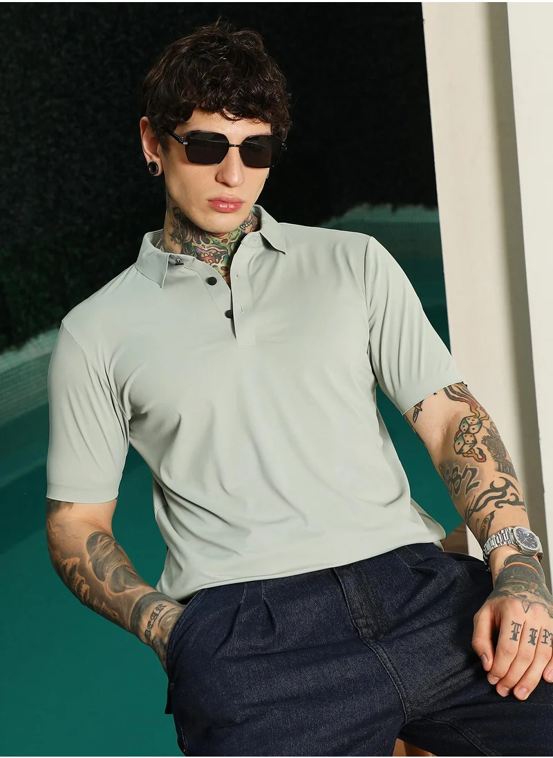 Campus Sutra Men's Light Green Slim Fit Polo T-Shirt with Breathable Poly-Spandex Blend