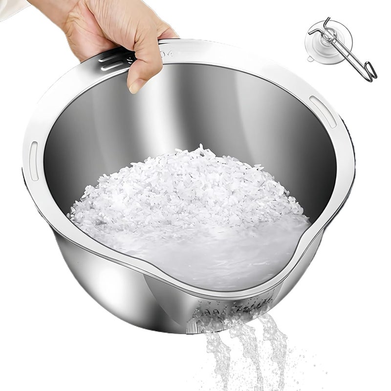 YILANJIN Stainless Steel Rice Washing Bowl Kitchen Integrated Strainer Food Strainer Metal Draining Bowl Rice Sieve Colander Rice Washer Strainer Versatile Colander Strainer for Rice Vegetables Fruit - Image 1