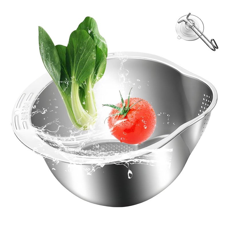 YILANJIN Stainless Steel Rice Washing Bowl Kitchen Integrated Strainer Food Strainer Metal Draining Bowl Rice Sieve Colander Rice Washer Strainer Versatile Colander Strainer for Rice Vegetables Fruit - Image 3