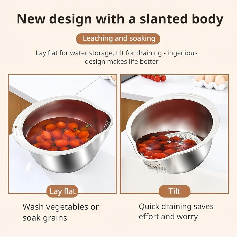 YILANJIN Stainless Steel Rice Washing Bowl Kitchen Integrated Strainer Food Strainer Metal Draining Bowl Rice Sieve Colander Rice Washer Strainer Versatile Colander Strainer for Rice Vegetables Fruit - Image 5