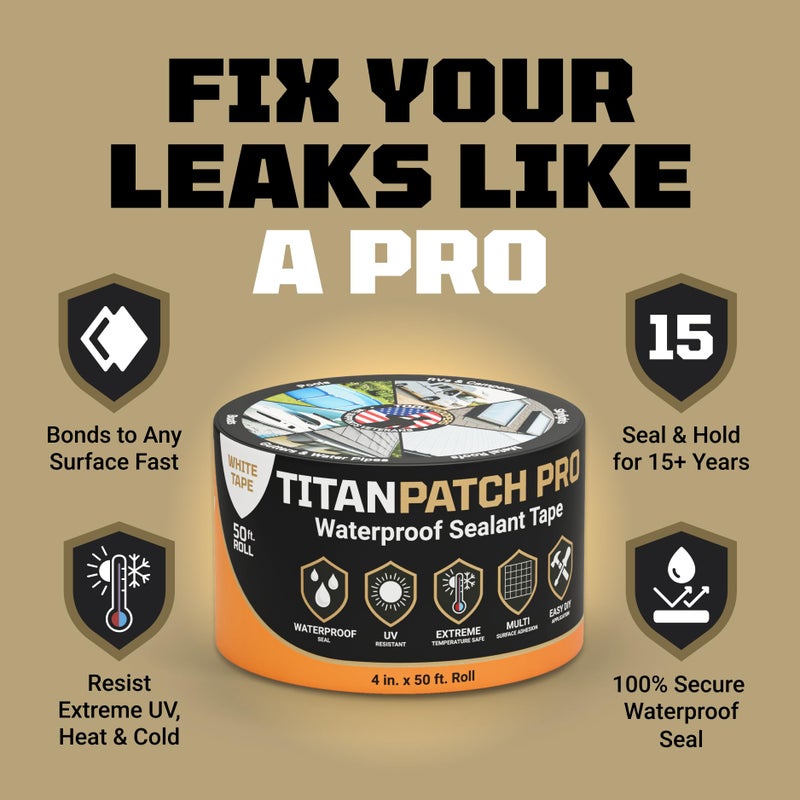 TOOLTROOPERS TITANPATCH PRO Waterproof Sealant Tape â€“ White 4" x50' â€“ Stops Leaks Fast & Stays Sealed for 15+ Years â€“ Sticks to RVs, Roofs, Pools, Boats, Gutters â€“ Built for Harsh Weather (-40Â°F to 190Â°F) - Image 2