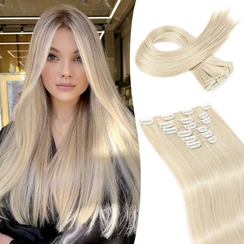 LONAI إضافات شعر كليب إن LONAI 6 قطع شعر مستقيم 24 أشقر للنساء مقاومة للحرارة شعر صناعي بلاتينيوم أشقر