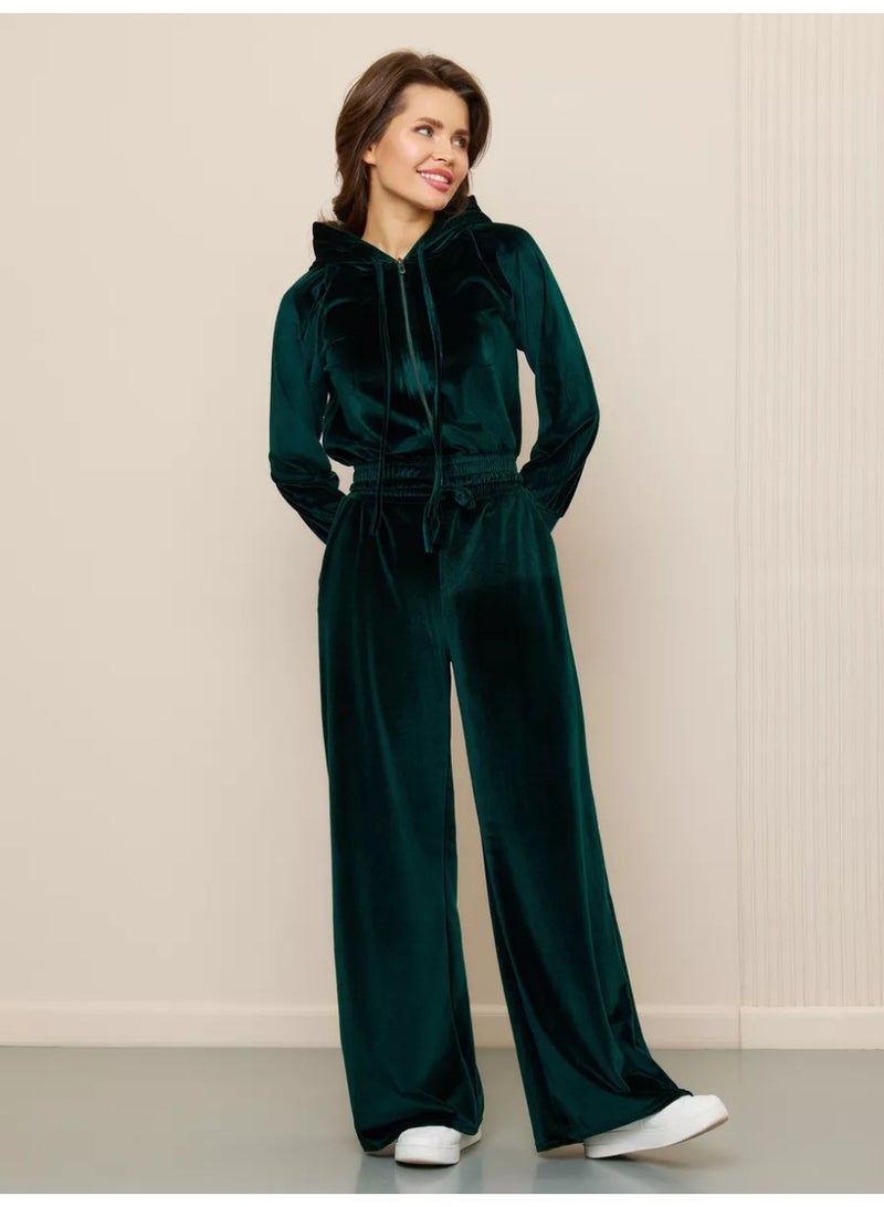 NIBEMINENT Silver Fox Velvet Sweatshirt Two-piece Suit Women Casual Sets Hoodies Short Zipper-up Top Straight Trousers Pleuche 2-piece Sets - Image 1