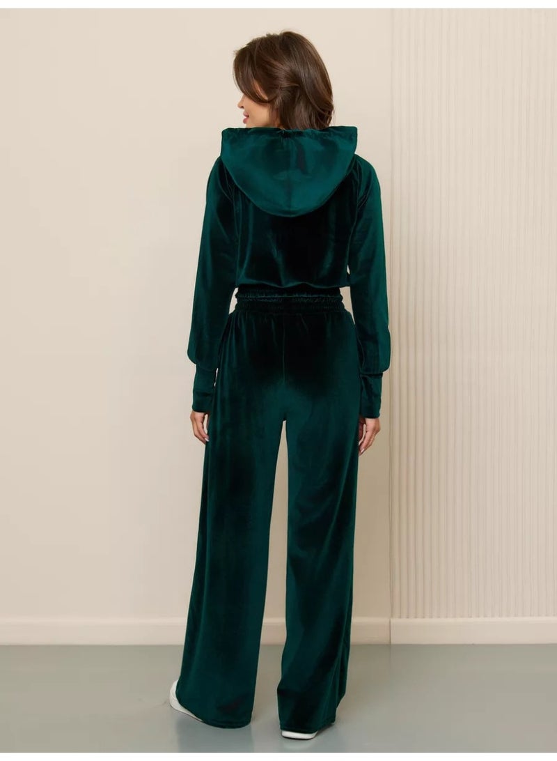 NIBEMINENT Silver Fox Velvet Sweatshirt Two-piece Suit Women Casual Sets Hoodies Short Zipper-up Top Straight Trousers Pleuche 2-piece Sets - Image 3