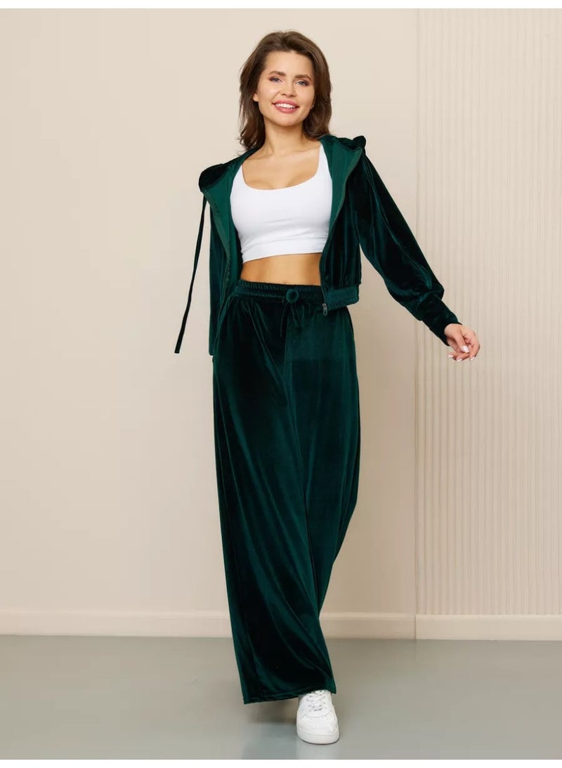 NIBEMINENT Silver Fox Velvet Sweatshirt Two-piece Suit Women Casual Sets Hoodies Short Zipper-up Top Straight Trousers Pleuche 2-piece Sets - Image 4