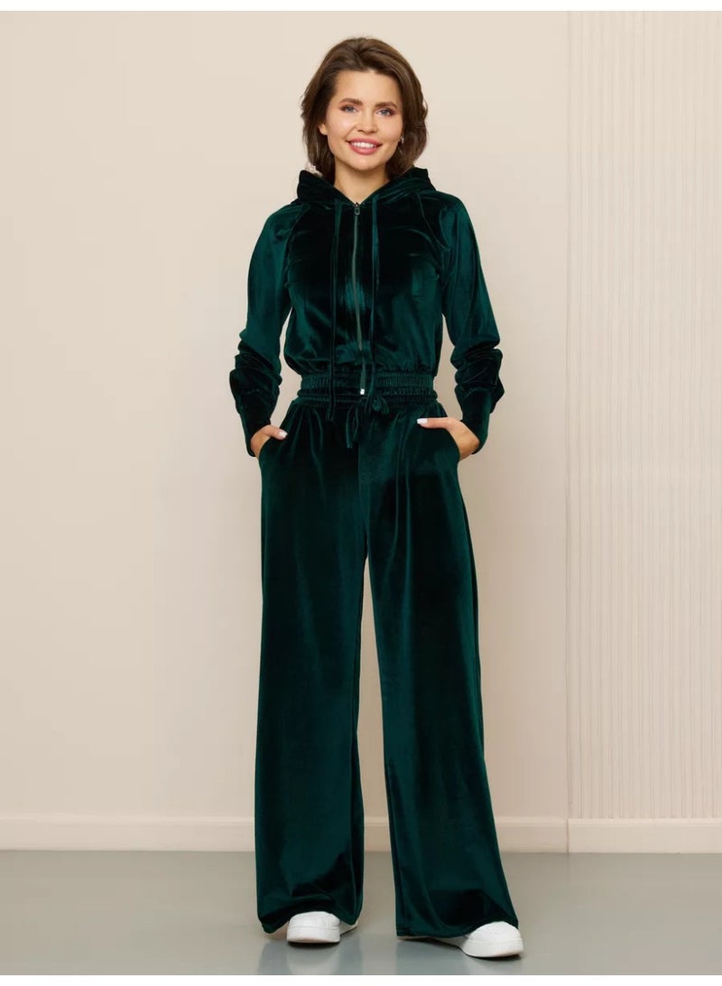 NIBEMINENT Silver Fox Velvet Sweatshirt Two-piece Suit Women Casual Sets Hoodies Short Zipper-up Top Straight Trousers Pleuche 2-piece Sets - Image 2