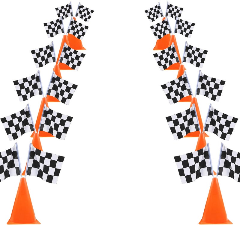 YOELVN 6 Pack 7inch Orange Race Cones with Holes on Top12 Pack Checkered FlagsRacing Car Birthday Party DecorationsTwo Fast CenterpiecesRace Cars Themed Party Supplies - Image 2