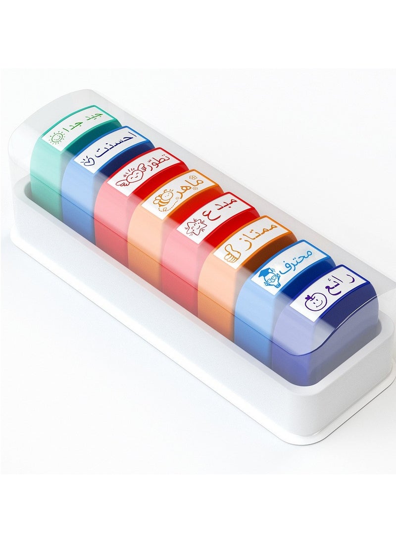 Bukela 8Pcs Teacher Stamps for Grading Classroom Teacher Supplies Self-inking Motivational Encouraging Comments Colorful Stamp Set for Parent Signature School Teacher Review Homework Reward with Tray(Arabic Version) - Image 1